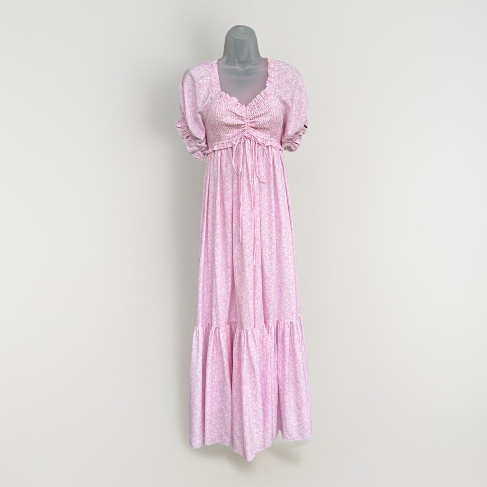 Mable Pink Smocked Maxi Dress Size Med Cottagecore Ditsy Floral Puff Sleeve Boho